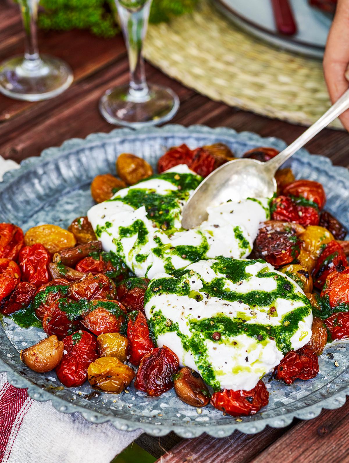 Burrata med ugnsrostade tomater och basilikaolja